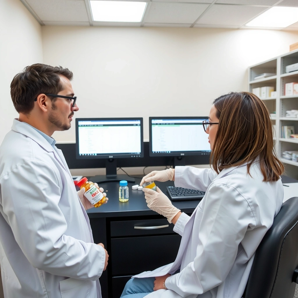 Quality control laboratory with testing equipment and scientists