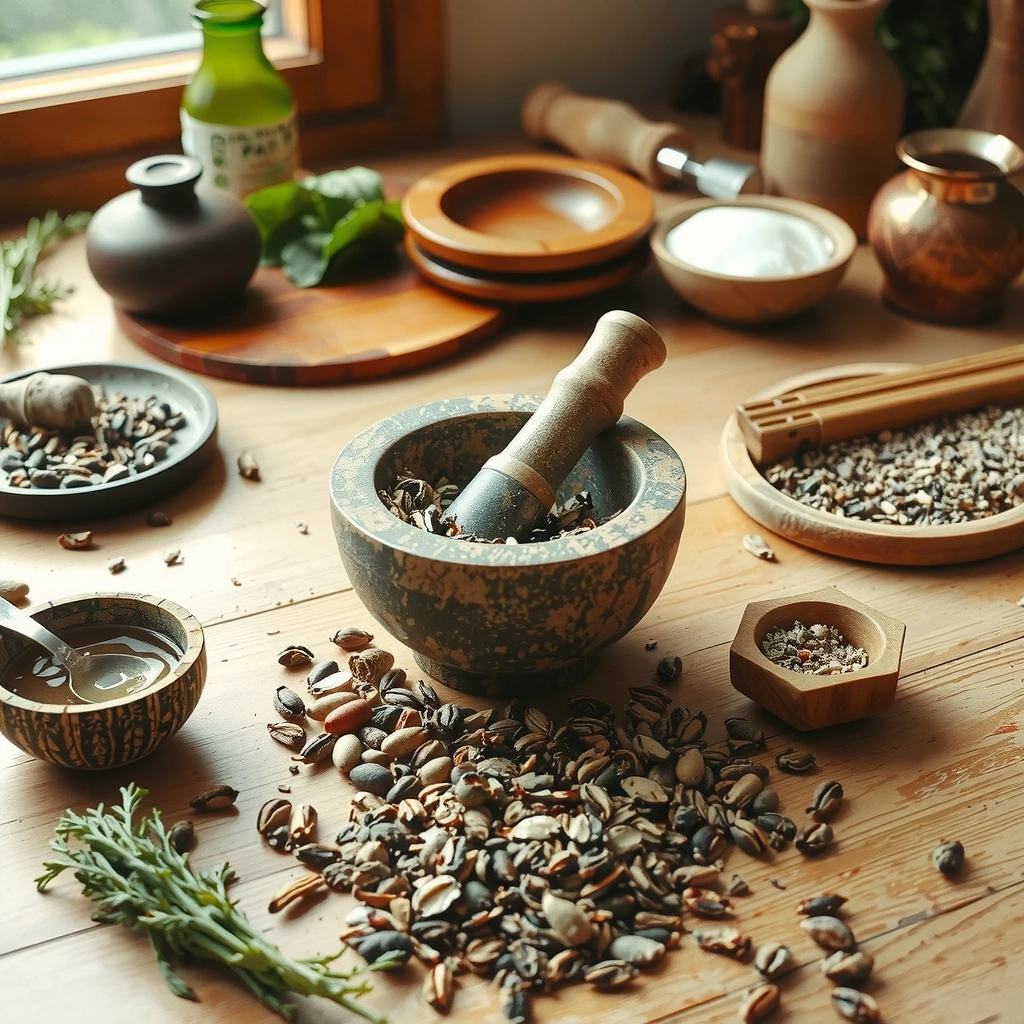 Traditional European herbal medicine preparation with mortar and pestle