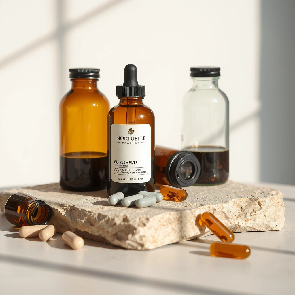 Premium natural supplements in elegant packaging on natural stone background